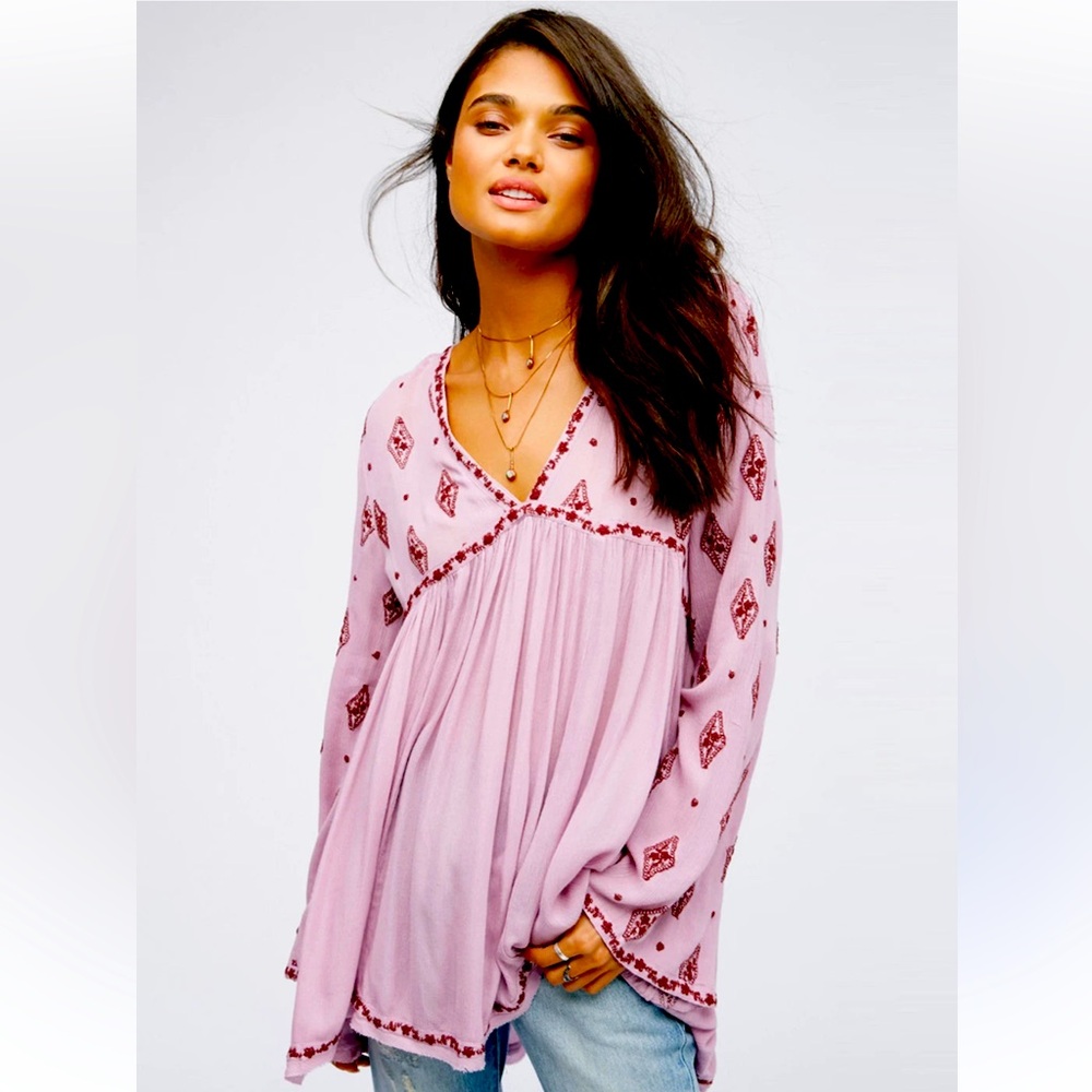 FREE PEOPLE DIAMOND EMBROIDERED LONG SLEEVE TOP TUNIC Purple S/P OVERSIZED